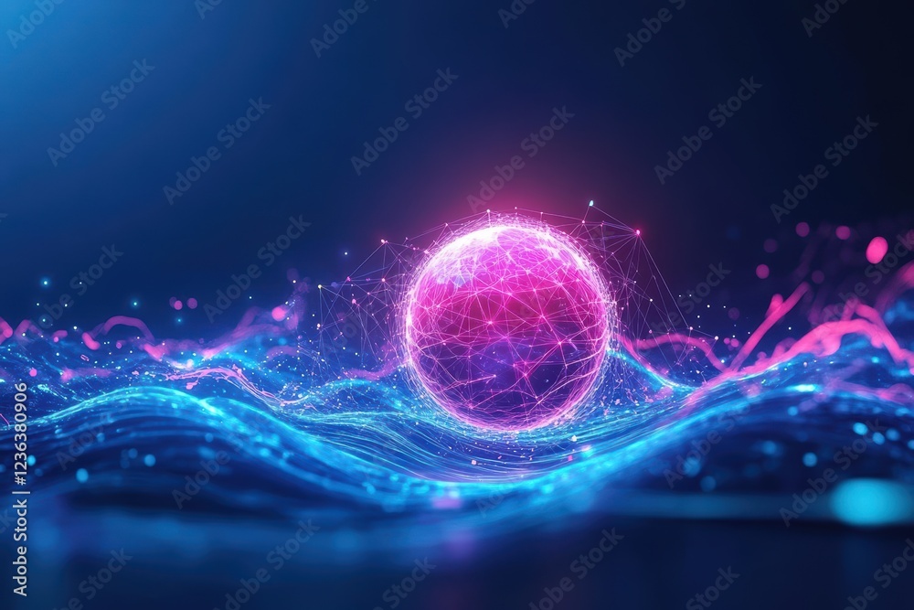 Poster a mesmerizing sphere suspended in calm water against a vivid neon blue background creating a dreamli