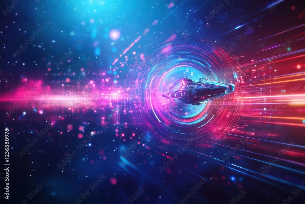 Poster Futuristic Spaceship Gliding Through a Vibrant Tunnel Illuminated with Bright Lights Creating a Sense of Adventure and Wonder in the Cosmos