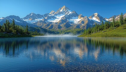 Majestic mountain reflected in serene alpine lake