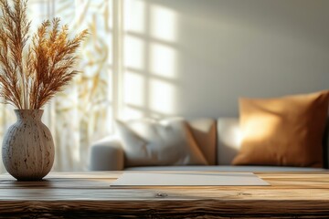 Cozy living room with wooden table and vase of dried flowers illuminated by soft natural light and warm cushions in a serene atmosphere