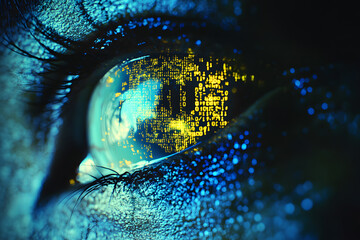Human eye with cyber retinal recognition for neuro link connection, smart lens eyes, vision diagnostics. Augmented virtual reality in metaverse. AI artificial intelligence