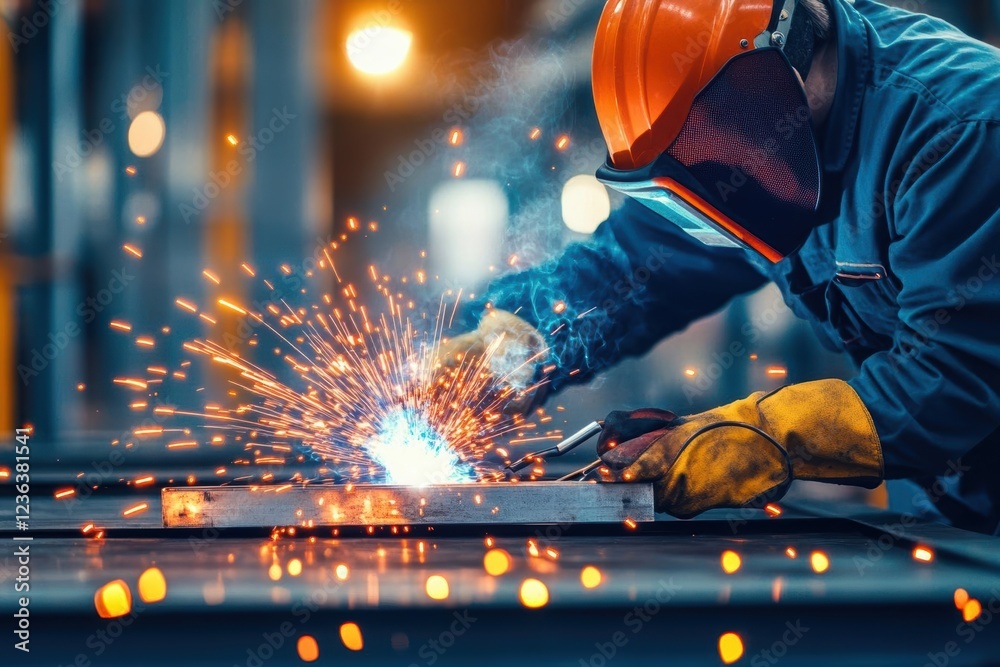Poster skilled welder engaged in metal fabrication crafting with precision and focus in a workshop environm