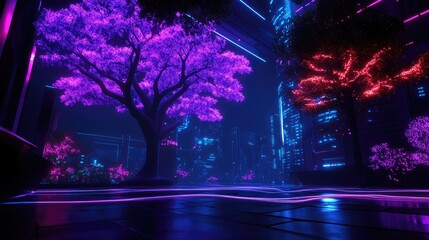 Neon Cityscape with Glowing Trees