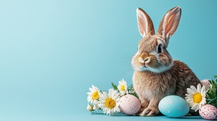 Obraz premium A charming rabbit among colorful Easter eggs and vibrant yellow flowers on a joyful colored background, portraying the joy and renewal of spring festivities and seasonal decorations.