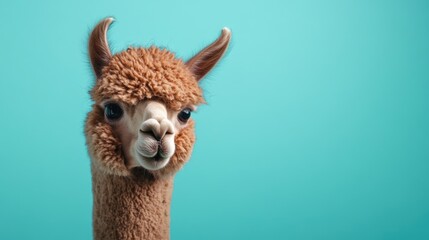 Obraz premium A charming Peruvian llama with long hair and large ears, standing on a blue background.