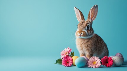Fototapeta premium A charming rabbit among colorful Easter eggs and vibrant yellow flowers on a joyful colored background, portraying the joy and renewal of spring festivities and seasonal decorations.