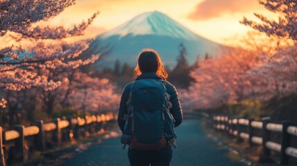 Obraz premium A backpacker visitor travel on holiday trip to Fuji Mountain destination. Japan.