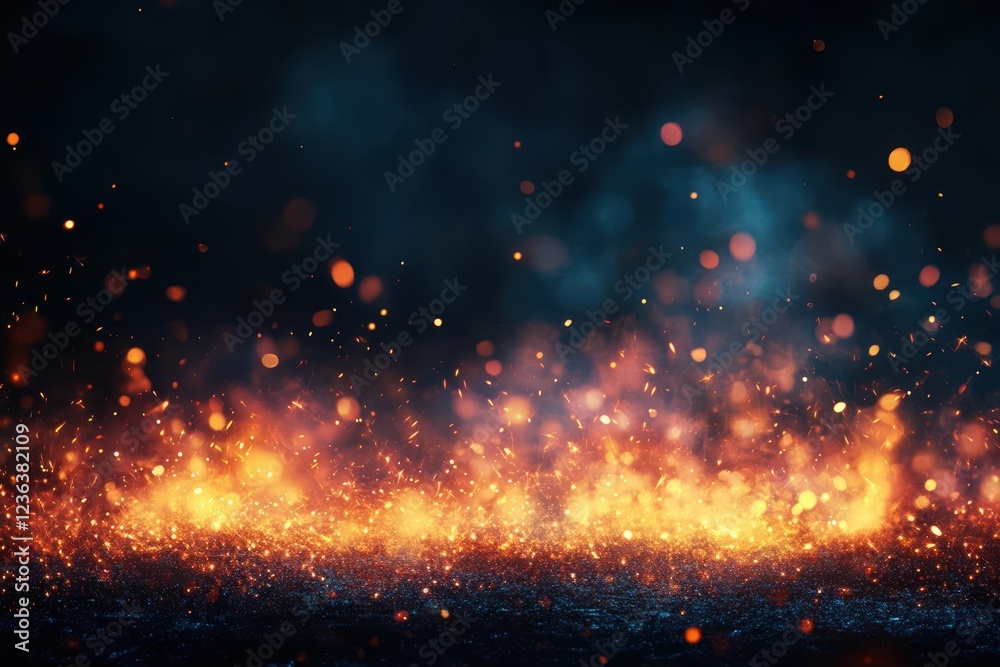 Poster dramatic contrast of warm orange and yellow lights against a dark background creating an inviting an