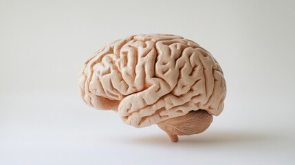 Obraz premium Close-up of a detailed human brain model with natural wrinkles and fading colors, representing the aging process, placed on a clean white background with ample space for text. Concept of neuroscience