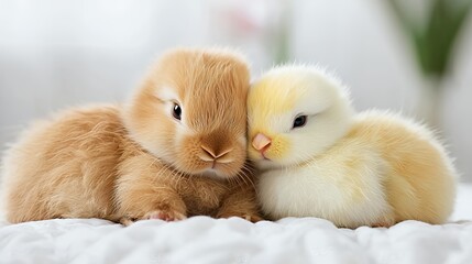 Cute bunny and chick cuddle indoors, spring background, Easter card
