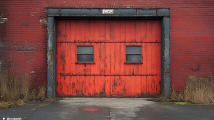 A red garage door with a black sign on it