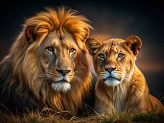 Fototapeta premium Intimate Lion Family Portrait: Majestic Couple After Mating in the African Night