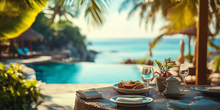 Delicious breakfast at the exotic hotel resort near the pool. Snacks on a backdrop of lush tropical gardens and azure sea.