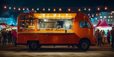 Colorful food truck illuminated by string lights at night. Selling snacks and drinks at music festival. Catering at city fair.