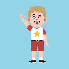 Cute American Boy with Blond Hair Cartoon Wave Hand and say Hello