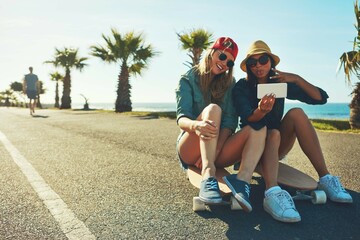 Friends, beach road and summer selfie outdoor on skateboard with peace sign and social media....