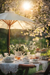 Charming garden tea party with small wooden table and sunshade providing the perfect setting for an afternoon tea. Sunny spring evening at blossoming cherry tree park.