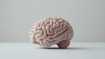 Close-up of a detailed human brain model with natural wrinkles and fading colors, representing the aging process, placed on a clean white background with ample space for text. Concept of neuroscience