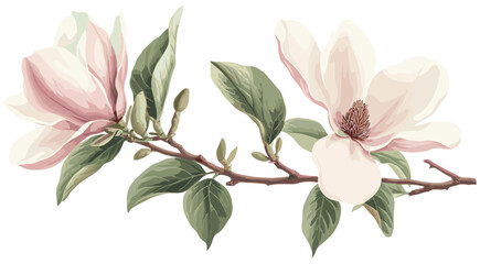 Detailed botanical illustration of a blooming magnolia branch with soft pink and white petals, green leaves, vintage floral art in pastel tones.