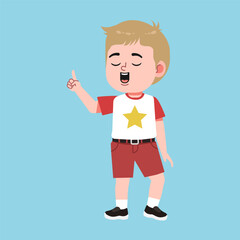 Cute American Boy with Blond Hair Cartoon Explain and Pointing Hand