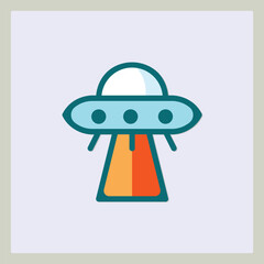 Iconic representation of a classic flying saucer with a beam of light, simple design