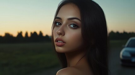 Fototapeta premium An enchanting portrait of a young woman captured against a sunset backdrop, reflecting beauty, serenity, and an air of mystery that evokes deep emotions and thoughts.