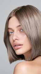 Naklejka premium Stylish Female Model With Long Bob And Glossy Lips