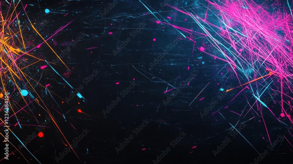 Poster vibrant neon colored paint splats on a deep black background creating an energetic and artistic atmo