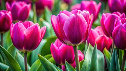 Naklejka premium Surreal pink tulip explodes in vibrant macro detail, lush green leaves softly blurred behind.