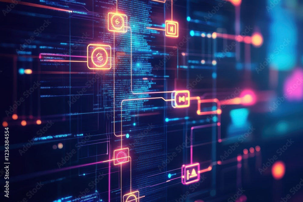 Poster Vibrant Computer Screen Displaying Dynamic Blue and Red Background with Abstract Patterns Creating a Modern and Energetic Digital Atmosphere