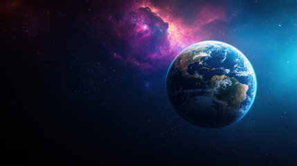Fototapeta premium stunning view of Earth floating in space, surrounded by vibrant cosmic colors and stars, evokes sense of wonder and exploration