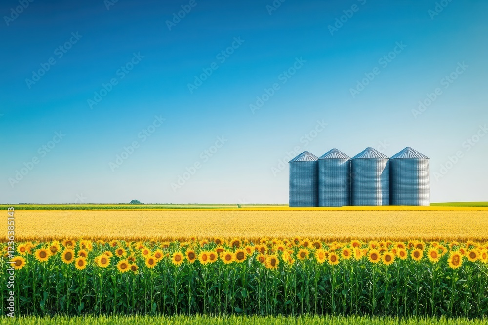 Poster vibrant field of sunflowers bathed in golden light with rustic silos in background creating a pictur