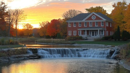 Fototapeta premium Autumn Sunset, Creekside House, Waterfall