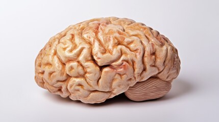Close-up of a detailed human brain model with natural wrinkles and fading colors, representing the aging process, placed on a clean white background with ample space for text. Concept of neuroscience