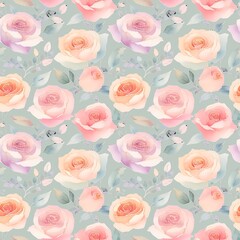A floral pattern with pink roses on a blue background, seamless