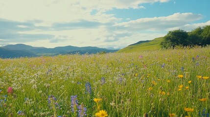 Obraz premium Serene field of wildflowers under a vast blue sky with distant mountains