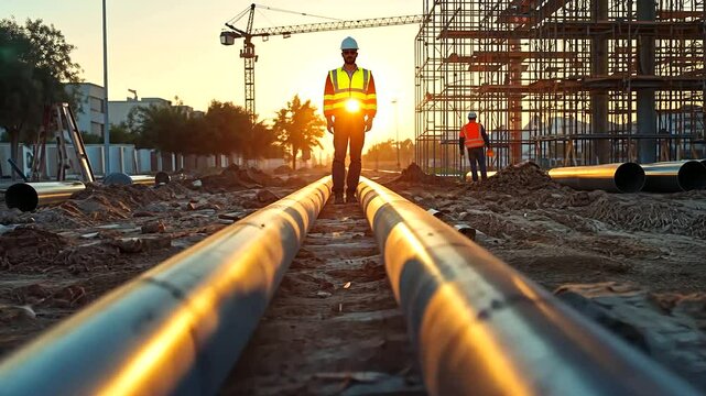 PVC pipes are arranged in rows on a dirt-filled construction site, their smooth surfaces reflecting the morning light, with scaffolding and workers moving near an incomplete buildi