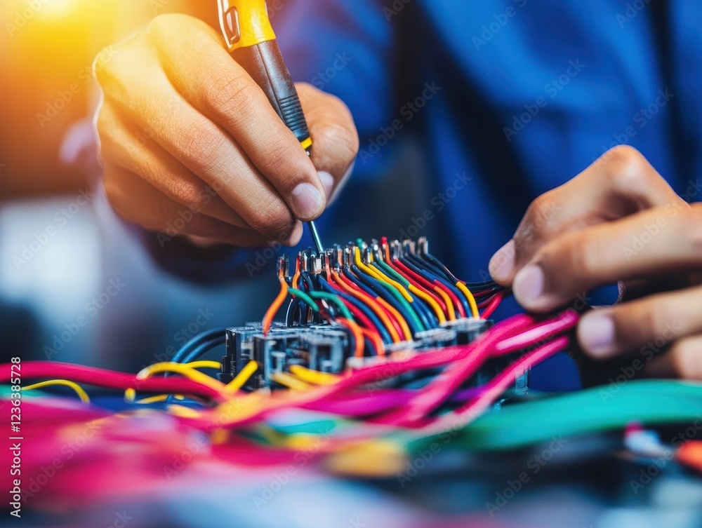 Poster Dedicated Technician Working Intently on Complex Electrical Equipment in a Modern Workshop Environment with Tools and Components Surrounding the Workspace