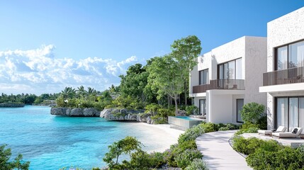 Fototapeta premium Luxury beachfront villas, turquoise sea, tropical foliage