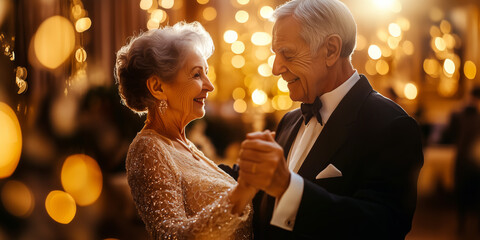 Elderly couple dancing at an elegant ballroom under soft golden lighting. Senior man and woman dressed in formal attire, spouses in love.