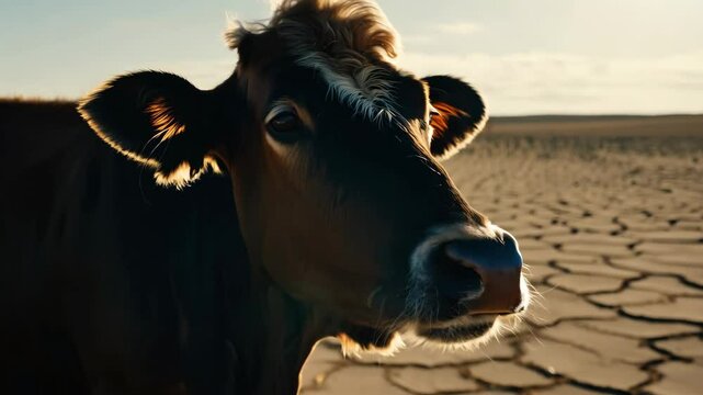 A cow suffers from thirst on the cracked earth in the desert. Water problems, global warming, drought, water shortage in the world, health problems, poverty and misery in countries. Climate change: fr