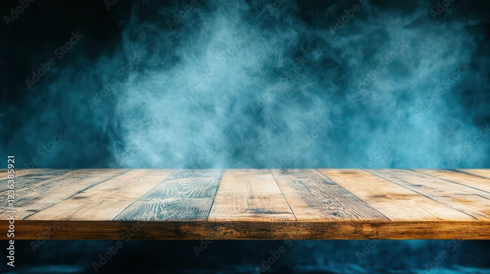 Aufkleber Mysterious Scene of Smoke Rising from a Rustic Wooden Table Surrounded by Dim Lighting Creating an Enigmatic and Atmospheric Ambiance in a Cozy Room