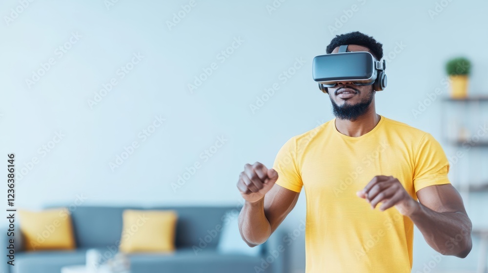 Aufkleber focused man engaged with virtual reality experience in modern urban setting surrounded by technology