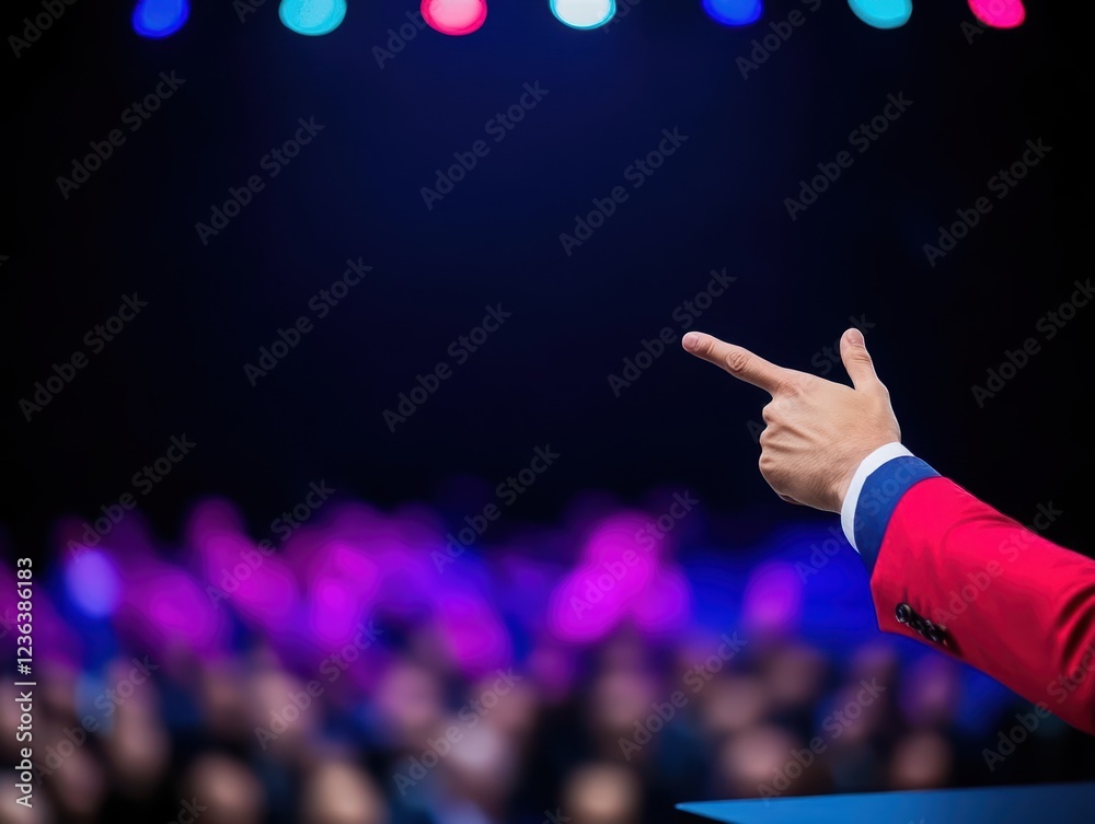 Aufkleber charismatic man in bold red suit engaging enthusiastic crowd with pointing gesture radiating confide