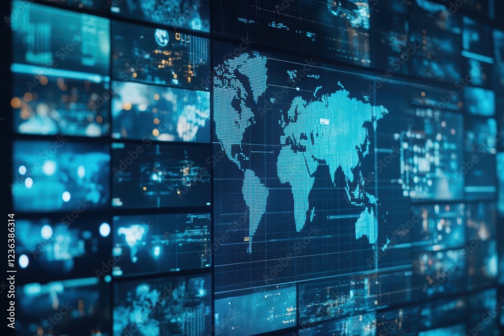 Fototapete A World Map Decoratively Displayed on a Wall Surrounded by Multiple Screens Creating a Modern and Engaging Global Perspective in a Contemporary Space
