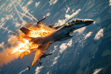 Military fighter jet on fire hitting by missile rocket in aerial combat