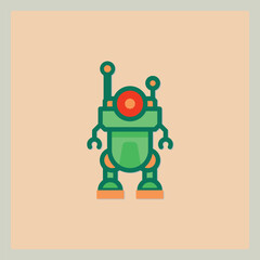 Stylized robot icon with antenna and circular red face in green and orange shades