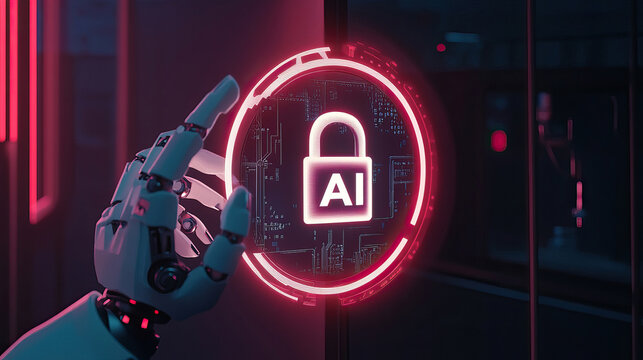 Artificial intelligence cybersecurity concept with robotic hand and digital lock