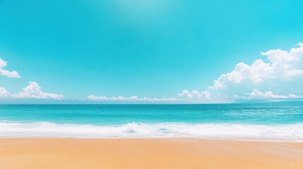 Fototapeta premium Tranquil Beach Scene with Expansive Blue Sky and Fluffy White Clouds Reflecting Peaceful Atmosphere of Coastal Paradise Perfect for Relaxation