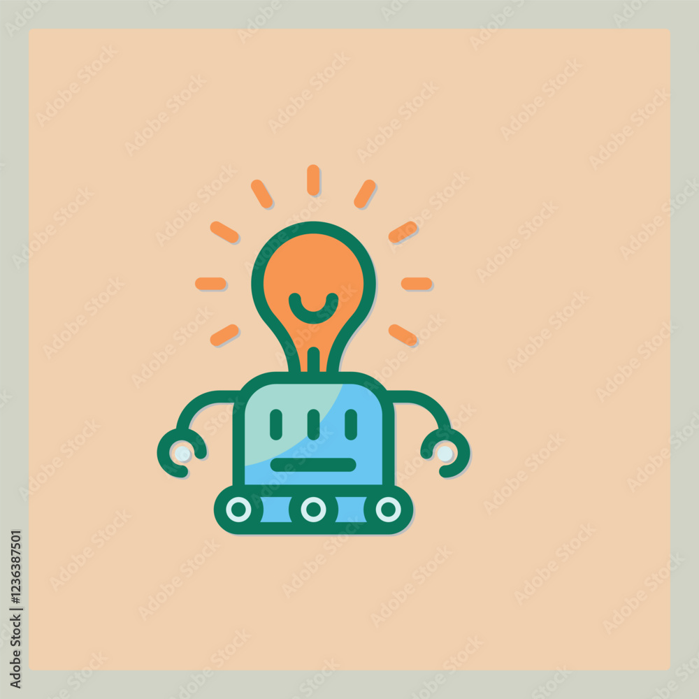 Poster a stylized robot with a lightbulb head and a smiling face icon on a soft background
